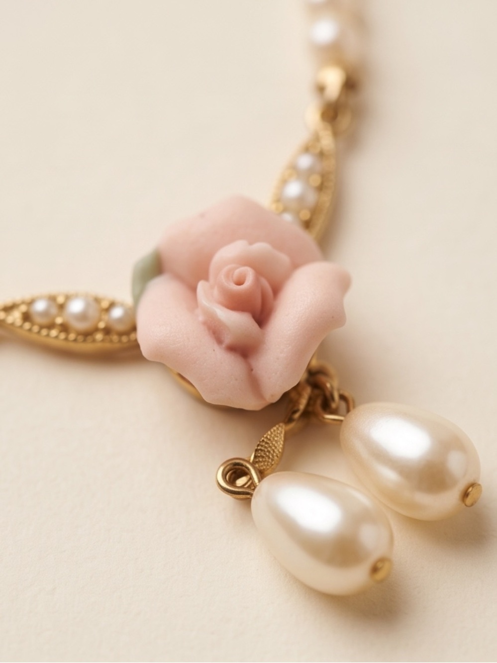 1928 Vintage Pearl Necklace with Porcelain Pink Rose Pendant 16”